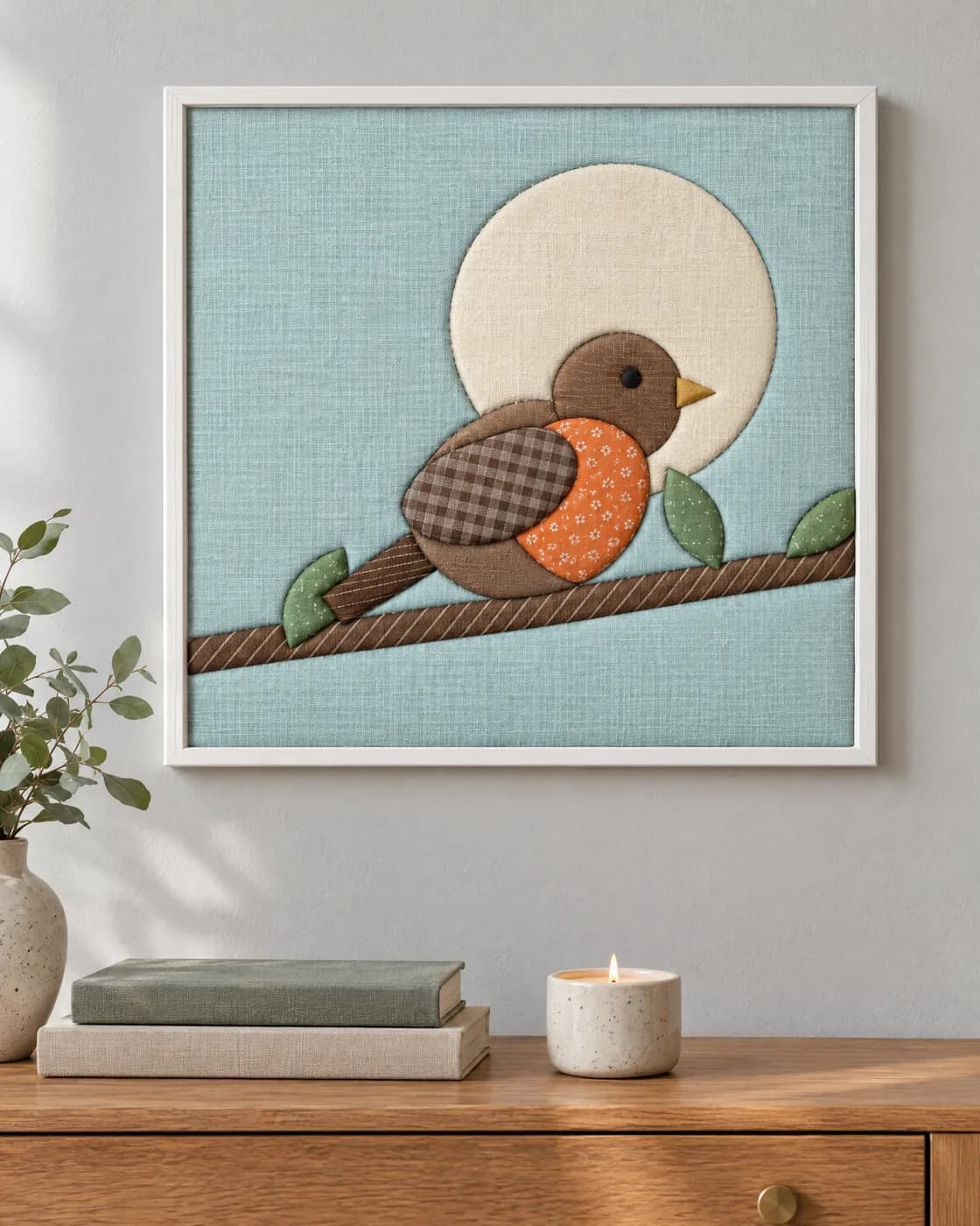 Kinusaiga robin on a branch, framed on a wall