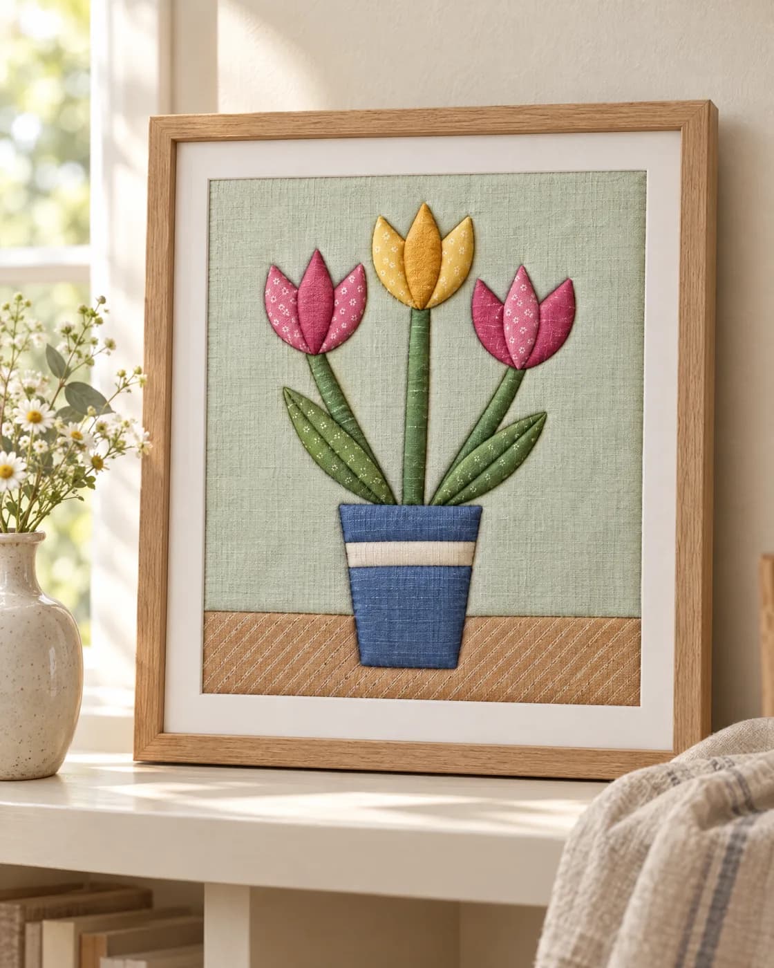 Kinusaiga tulips in a jug, framed on a shelf