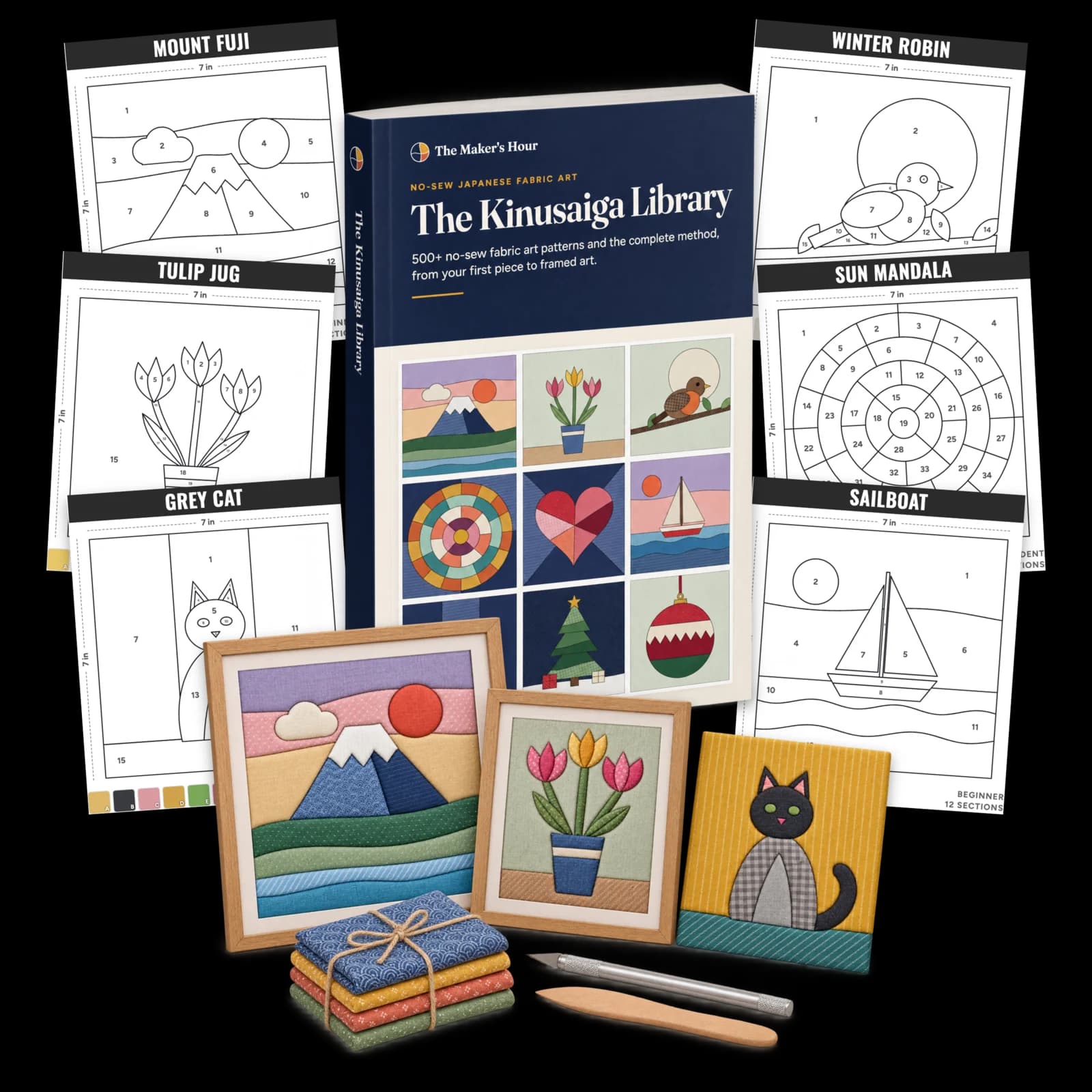 The Kinusaiga Library: the library, sample pattern sheets and finished fabric pictures