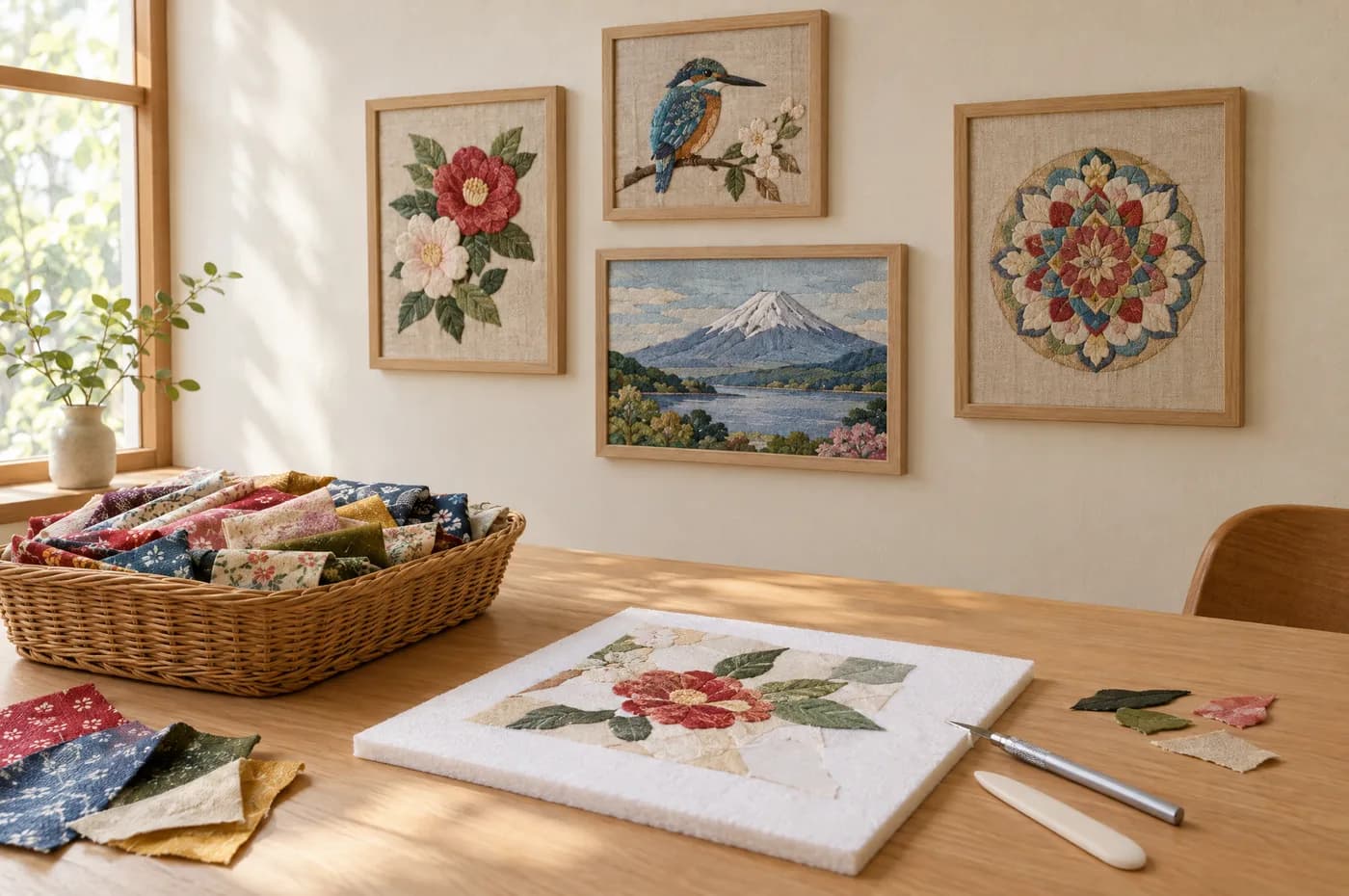A craft table with fabric scraps and framed kinusaiga pictures on the wall