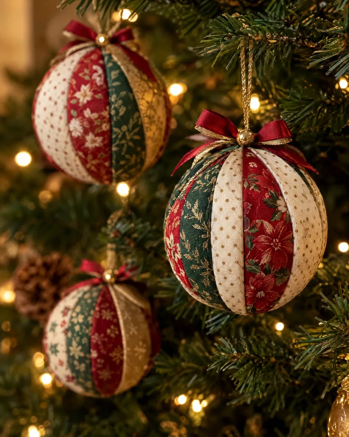 Fabric kinusaiga ornament balls on a Christmas tree